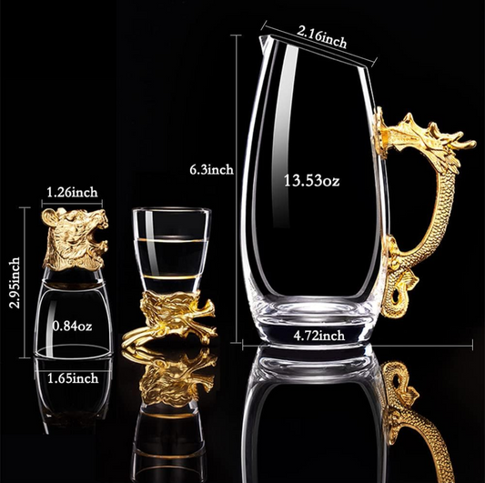 YingXue Chinese Zodiac Whiskey Glasses Set of 12 and Dragon Handle Wine Splitter Set
