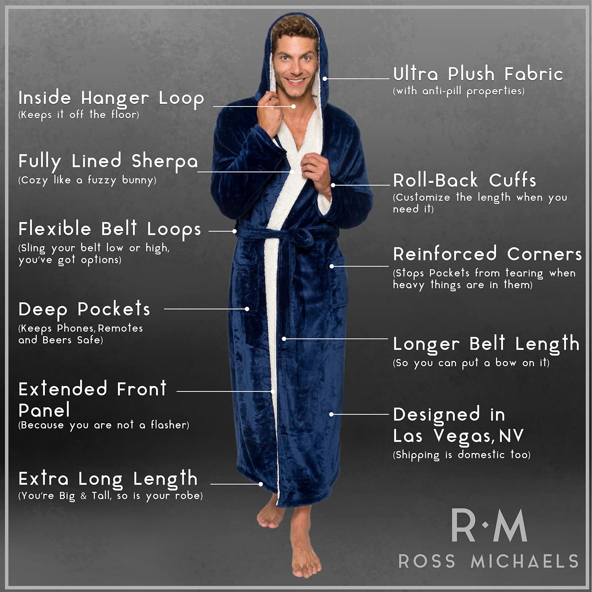 Ross Michaels Mens Robe Hooded Sherpa Big and Tall - Long Plush Spa Bath  Robe with Hood and Pockets - Gifts Men